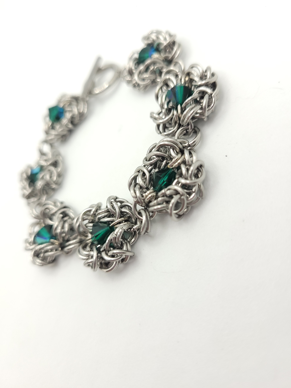 Stainless Steel Chainmail Bracelet with Emerald Green Crystal Accents